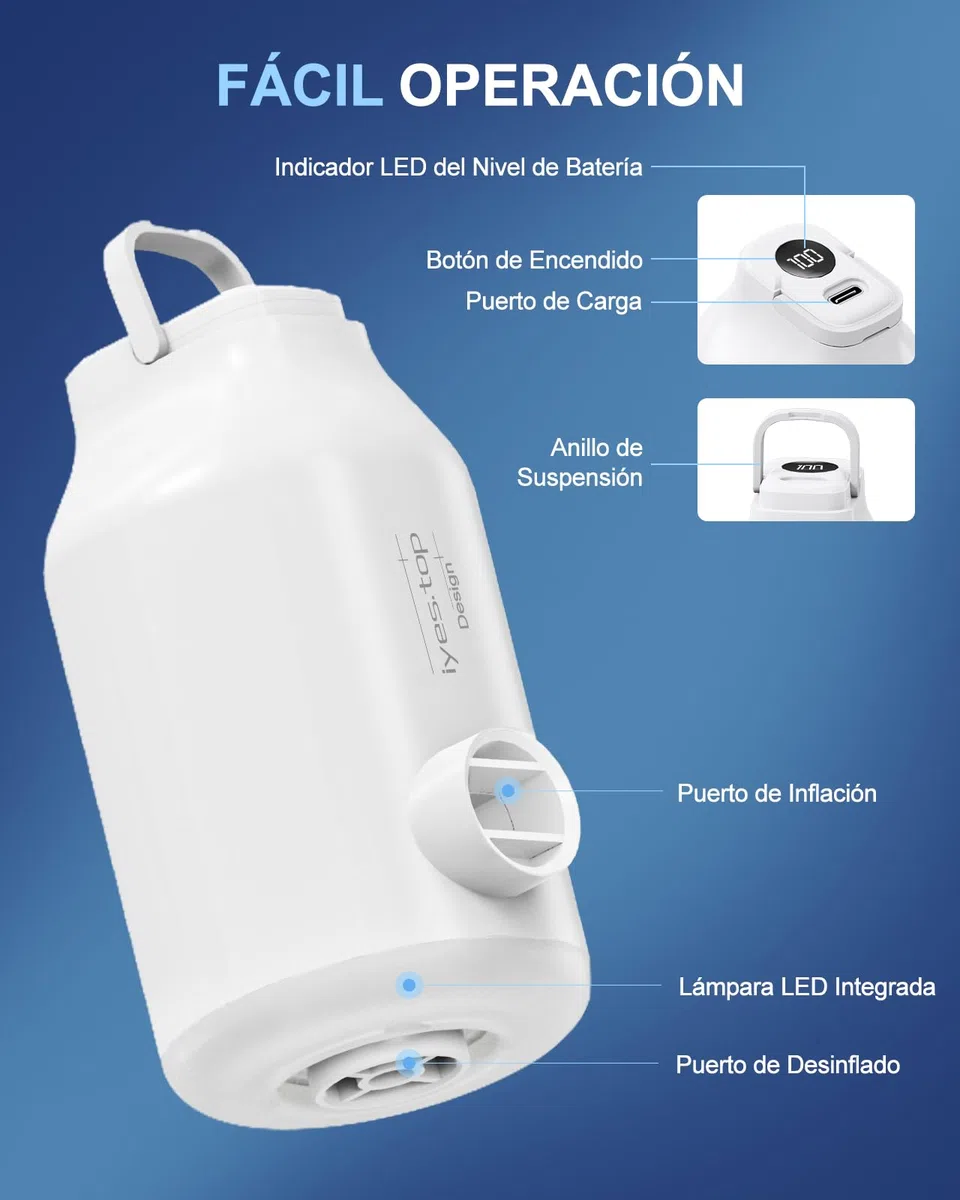 Inflador Eléctrico con Batería para Colchón Inflable, Camas Hinchables, Bolsas Vacío Ropa, Piscina Hinchable, 5 Boquillas & Luz de Camping, Hinchador de Inflado y Desinflado Rápidos, Bomba de Aire