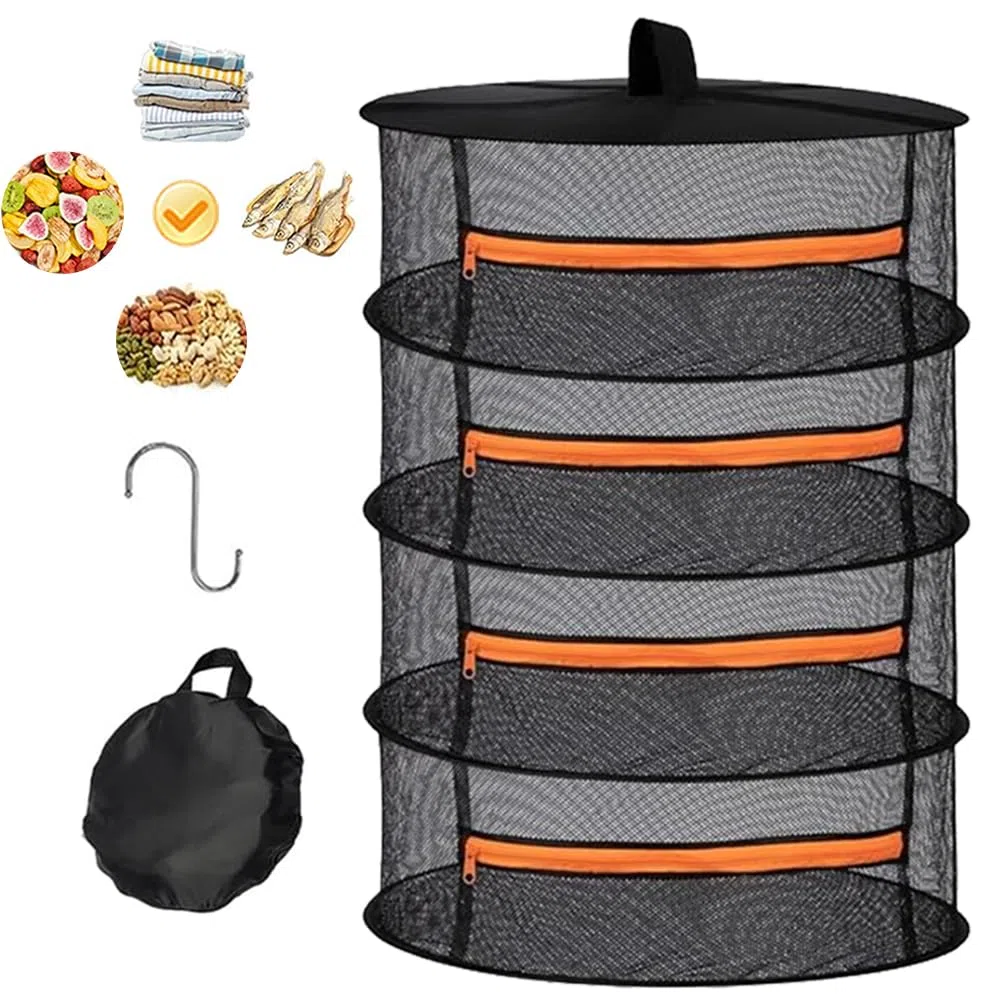 Secador de hierbas de 4 capas, con ganchos, con cremallera, red de secado de malla, para plantas, semillas, flores, color naranja