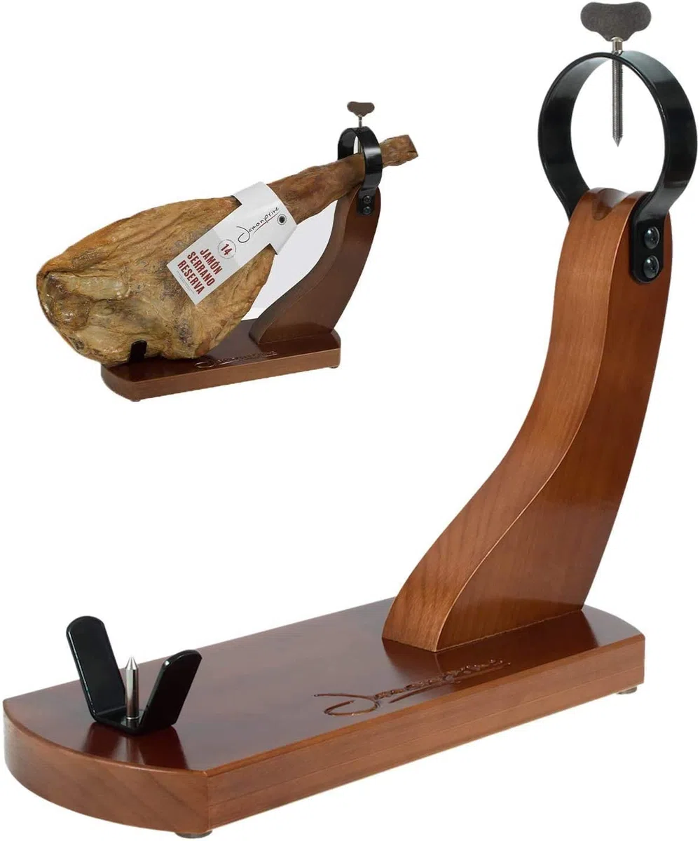 Soporte Jamonero Lacado Nogal y Gomas Antideslizantes + Cuchillo + Chaira - Jamonera ideal para Jamón Serrano e Ibérico Jamonprive