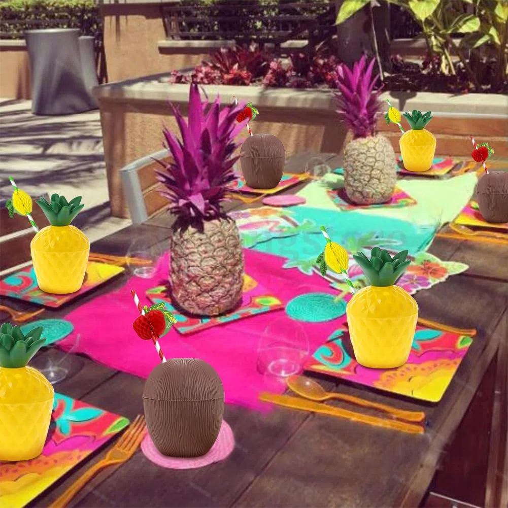 Vasos hawaianos Luau de coco y piña para bebidas hawaianas Luau tropicales, vasos reutilizables de plástico en forma de coco y piña para playa, verano, fiesta tropical hawaiana