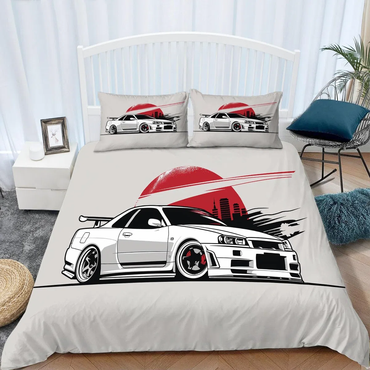 Juego de Ropa de Cama Funda Nordica para Cama 150 Estilo Japonés Coche Deportivo Blanco 3 Piezas Juego de Cama Cremallera Funda de Almohada 220x240 cm Poliéster Algodón