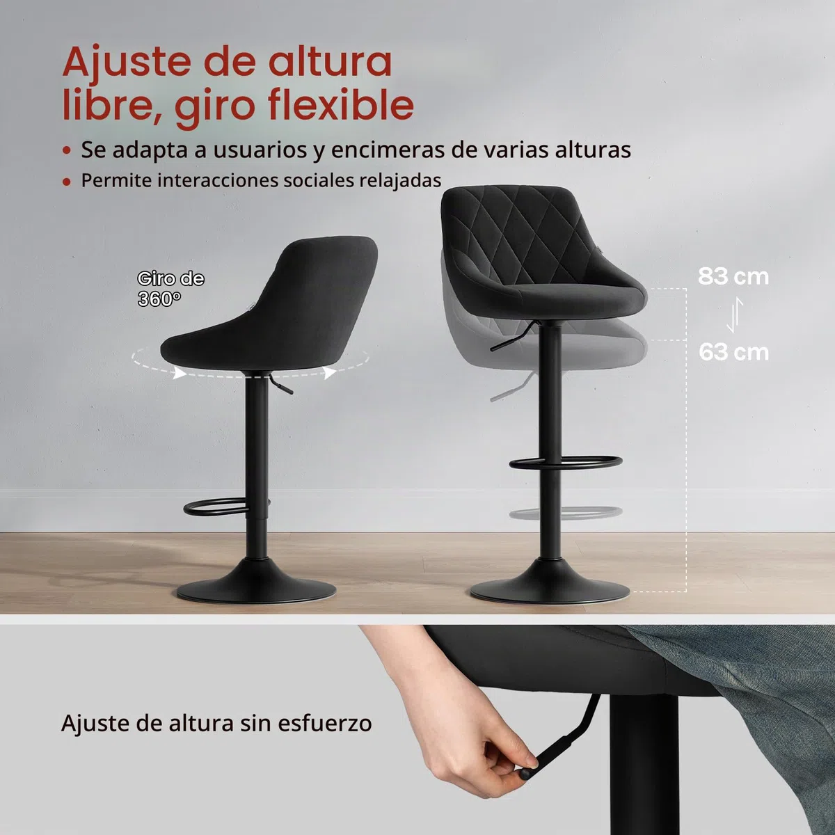WOLTU Taburetes de Bar Terciopelo Regulable en Altura, Negro | con Respaldo, para Comedor, Salón y Cafetería