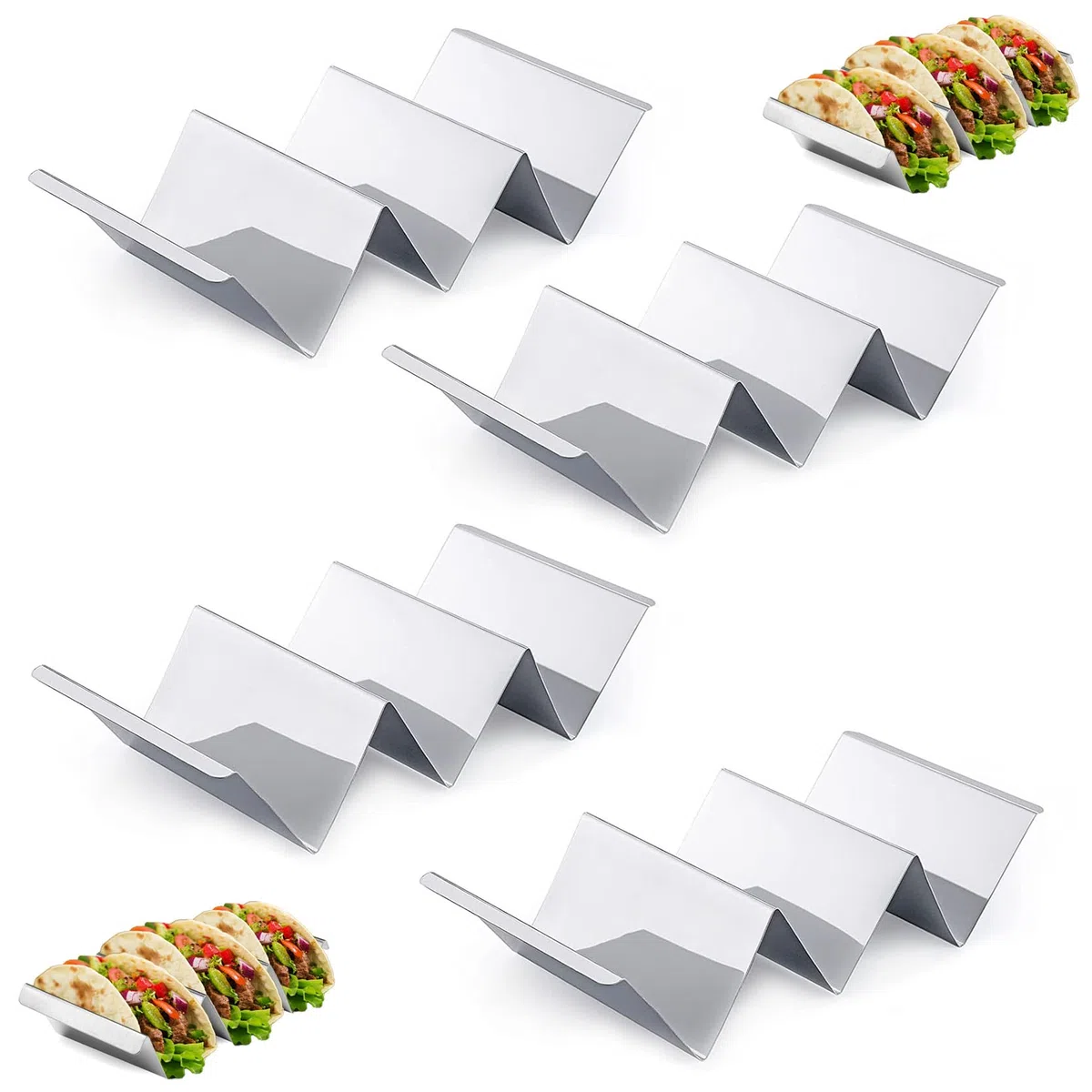 4 Soporte para Tacos, Soportes para Tacos de Acero Inoxidable con Asas Incorporadas, Bandeja para Taco Burritos Tapas, Sujetar Tacos, Bocadillos, Perritos Calientes y Tortitas Seguro Horno y Parrilla