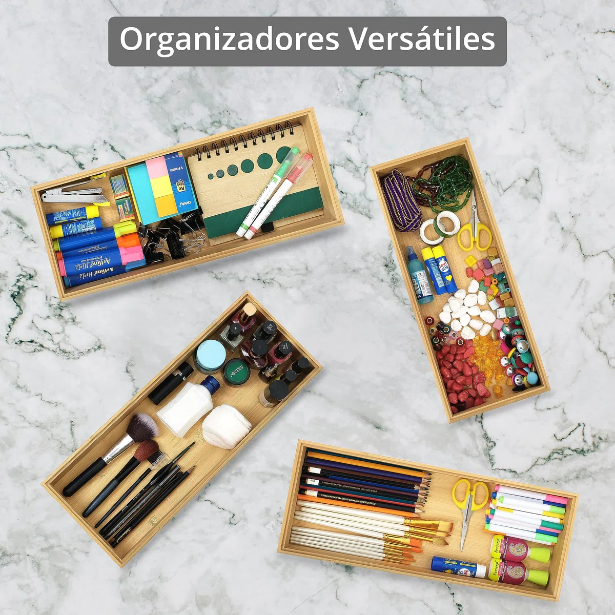 Winter Shore Organizador Cajones Cocina de Bambú [Pack de 2] - Bandeja Cubiertos Cajon de Madera Natural Apilables para Despensa - Guarda Cubiertos e Utensilios y Cubiertos - 15,5 x 6,5 x 38,5 cm