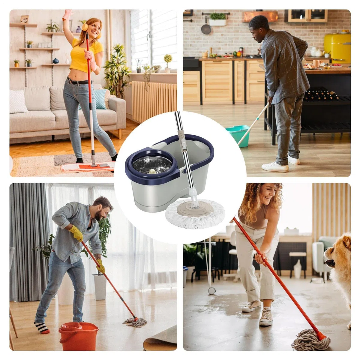 Juego de fregona y Cubo, fregona giratoria, Cubo y fregonas | juego automático de limpieza del hogar, limpiador sin esfuerzo que ahorra trabajo con escurridor para sala de estar, cocina,