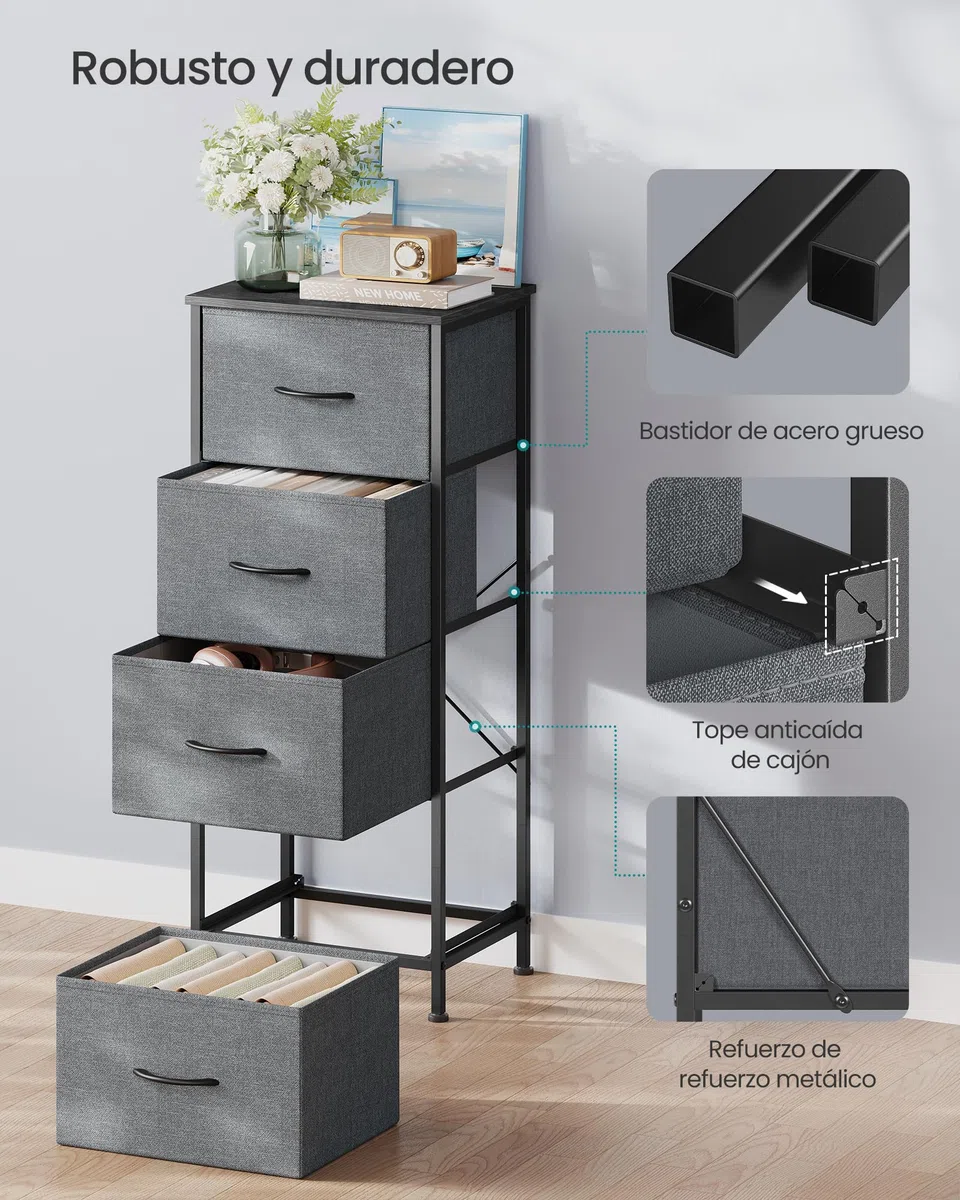 SONGMICS BELLAH Colección - Cómoda, Unidad de Almacenamiento, para Dormitorio, Armario, Pasillo, Salón, Acero, 4 Cajones, Moderno, Gris Pizarra LGS314G101