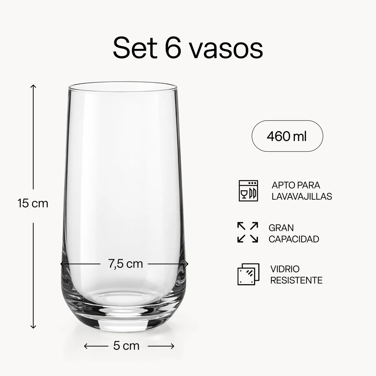 MIAMIO - Juego de Vasos de Cristal 6 Piezas 460 ml, Vasos Altos, Vasos de Agua, Cristalería para Cocina, Vasos de Vidrio Uso Diario - Apto para Lavavajillas - Colección Riva
