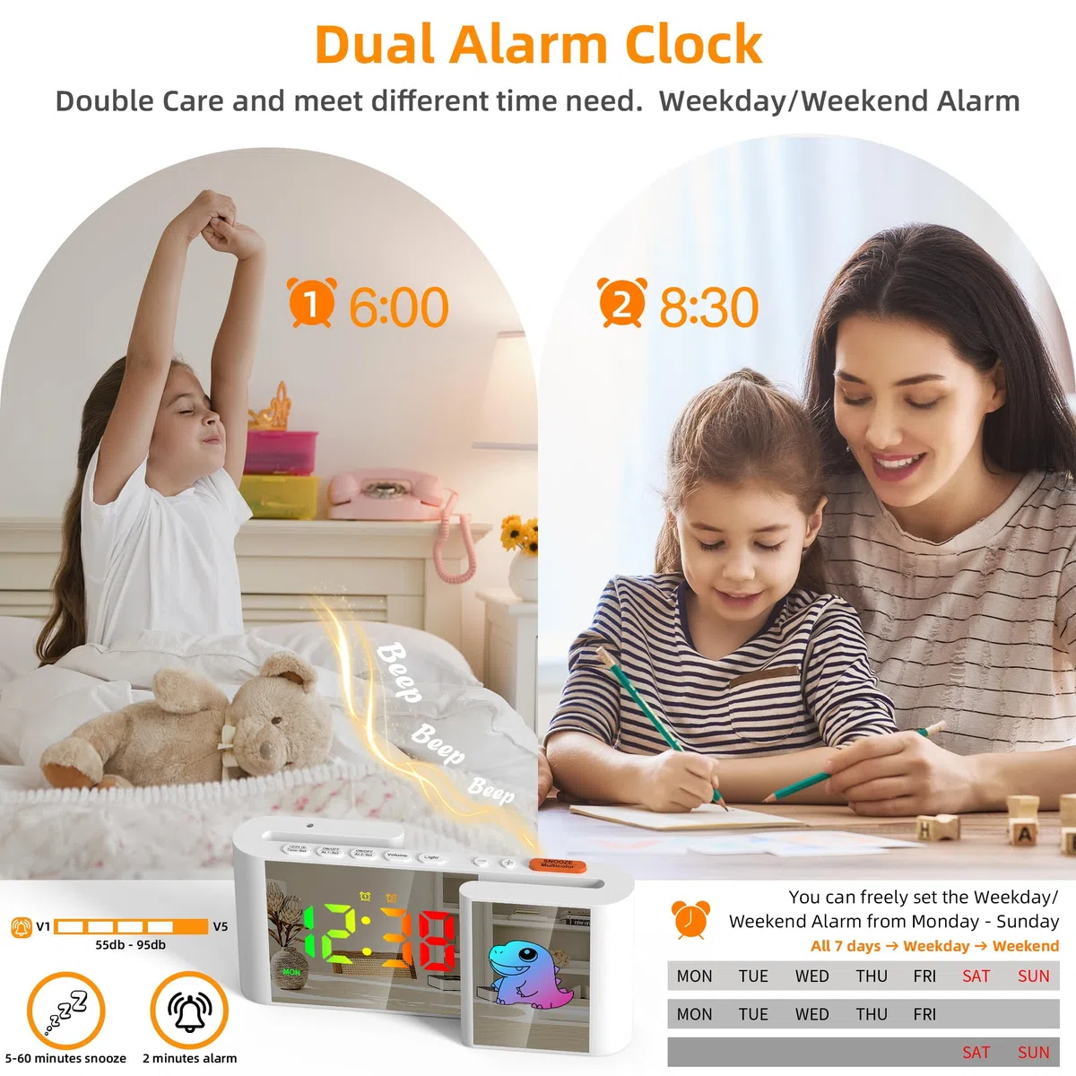 Reloj despertador digital con pantalla RGB, atenuación automática, doble alarma, pantalla semanal, volumen y brillo ajustables, puertos de carga USB, reloj para niños, decoración para