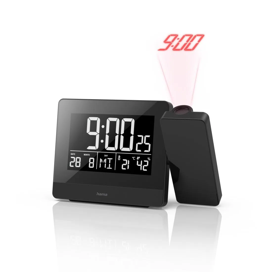 Hama | Reloj Despertador Digital con proyección de la Hora en Techo o Pared (Radio Reloj Despertador, Sensores táctiles, 2 alarmas, Hora, Calendario, Termómetro, Higrómetro, Carga USB) Negro