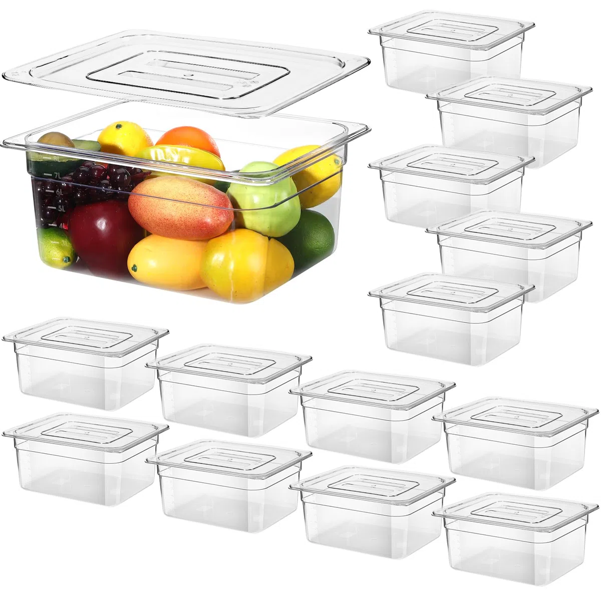 Didaey 16 sartenes transparentes de policarbonato con tapa, apilables a granel, bandeja de almacenamiento comercial, contenedor de almacenamiento de alimentos acrílico, sartén de plástico de hotel