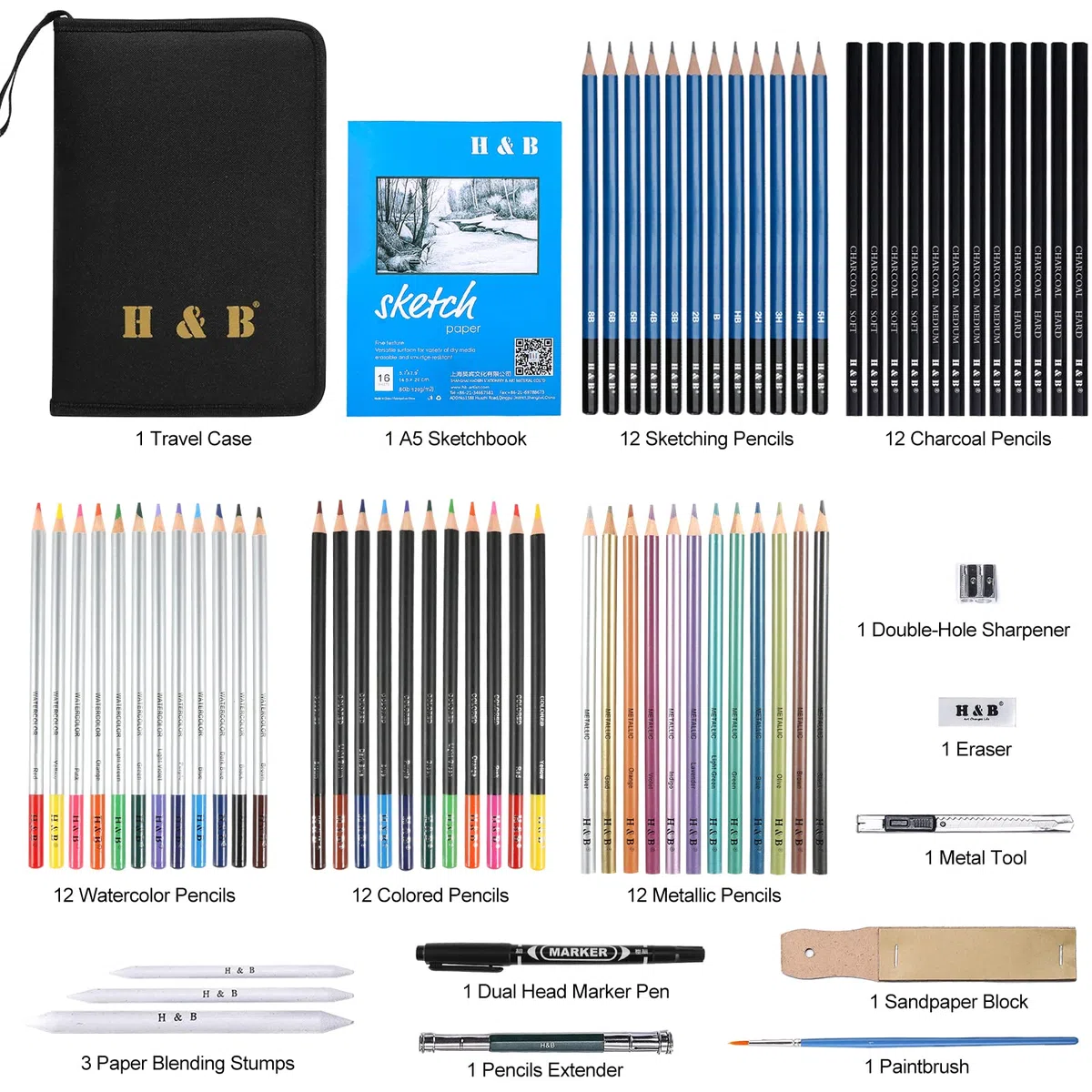 H & B Lápices y bloc de dibujo 72 piezas, juego de lápices de colorear de artista, kit completo que incluye lápices de grafito y lápices de dibujo
