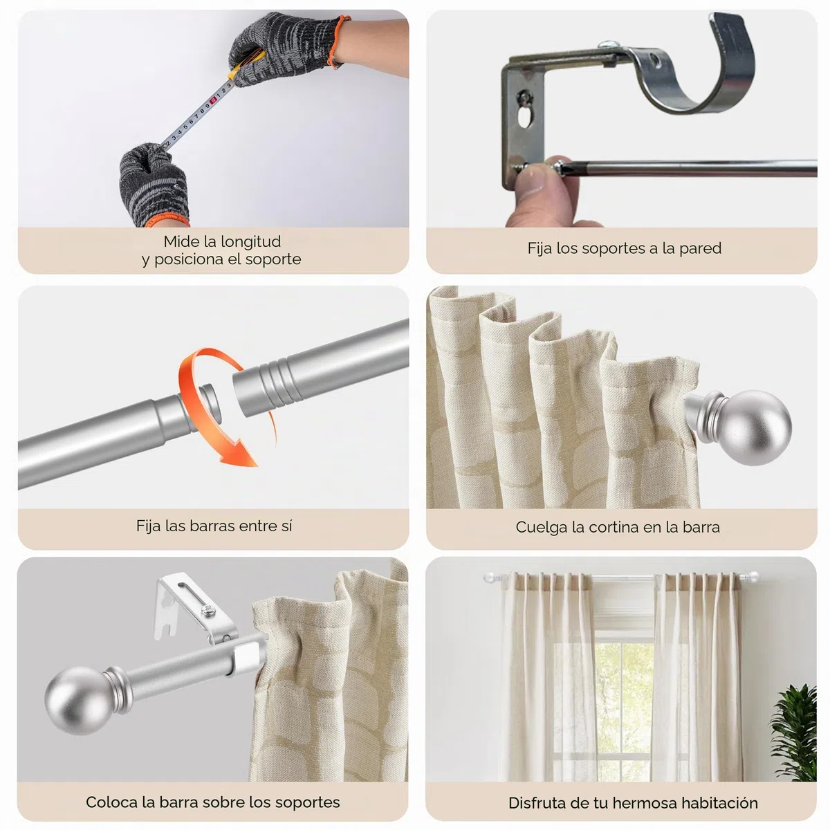 Barra de Cortina 3m con Extremos Redondos y Soporte, 67-307cm Barra Cortinas Moderna en Plata para Ventanas de Dormitorio y Salón
