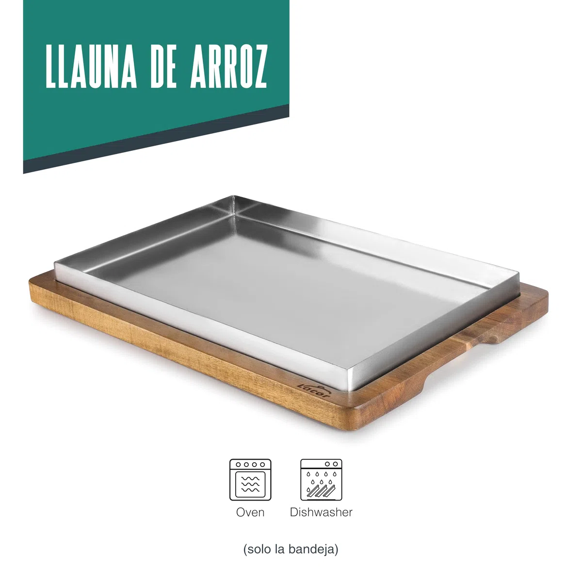 LACOR - 60831 - Llauna de Arroz, 26 x 18 cm, Bandeja de Acero Inoxidable, Base de Madera de Acacia, Ideal para Arroces, Guisos y Asados, Apta para Horno y Lavavajillas