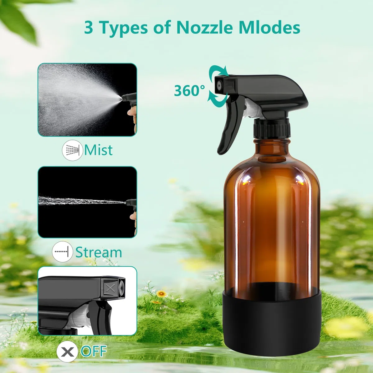 3 botellas de vidrio de 500 ml, botella de spray de agua vacía ámbar para plantas de cabello, aceites esenciales, ajustes de flujo de pulverización recargables con pulverizador de gatillo