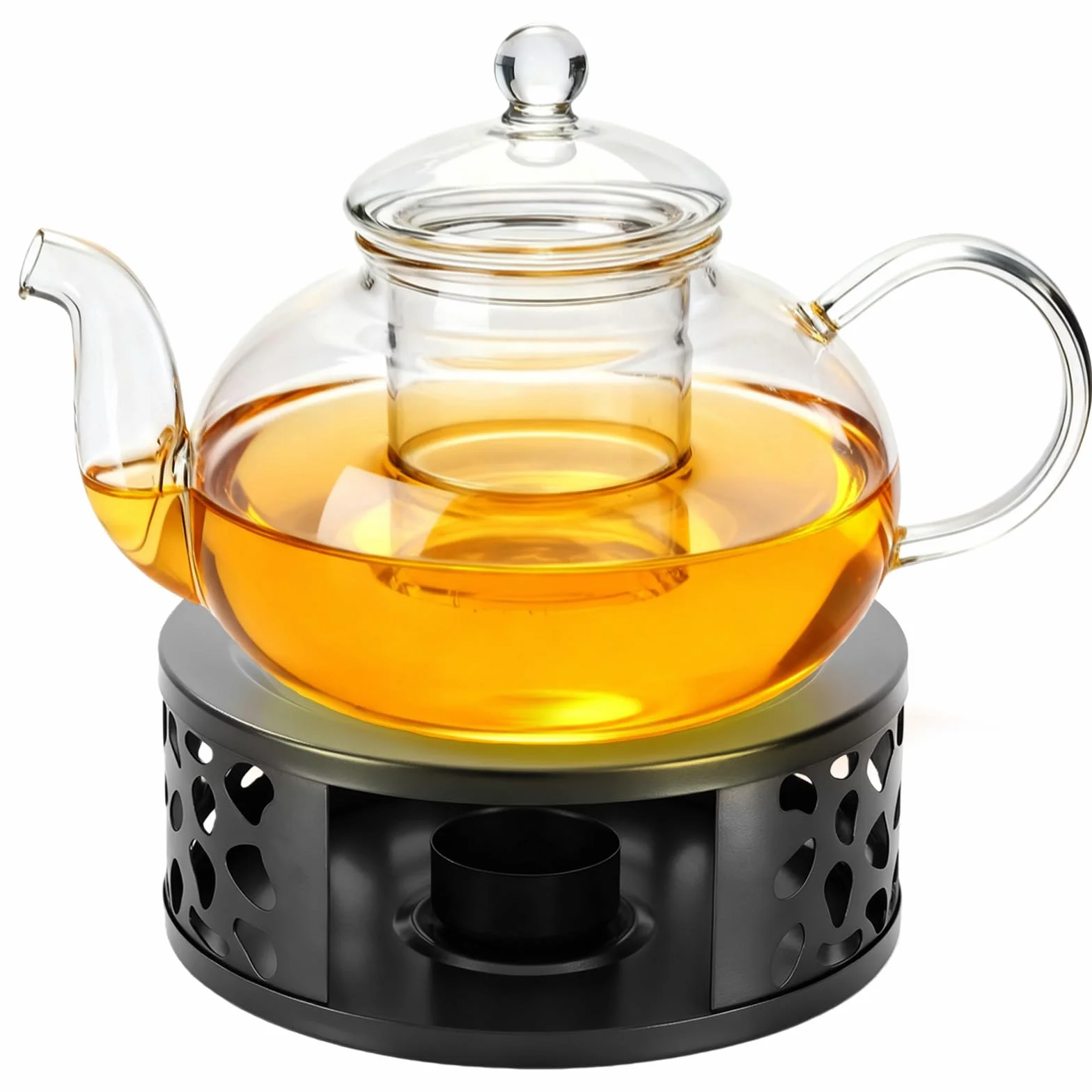 Tetera de cristal de 1000 ml con calentador negro de acero inoxidable, tetera de cristal con colador de cristal y tapa, ideal para preparar té suelto, adecuada para el hogar y la oficina
