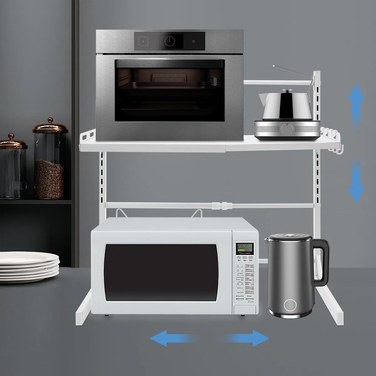 Estantería extensible para microondas de 2 niveles, ajustable, de acero al carbono, estantería de metal con 4 ganchos, soporte para microondas, estante para especias de pie, estante para horno
