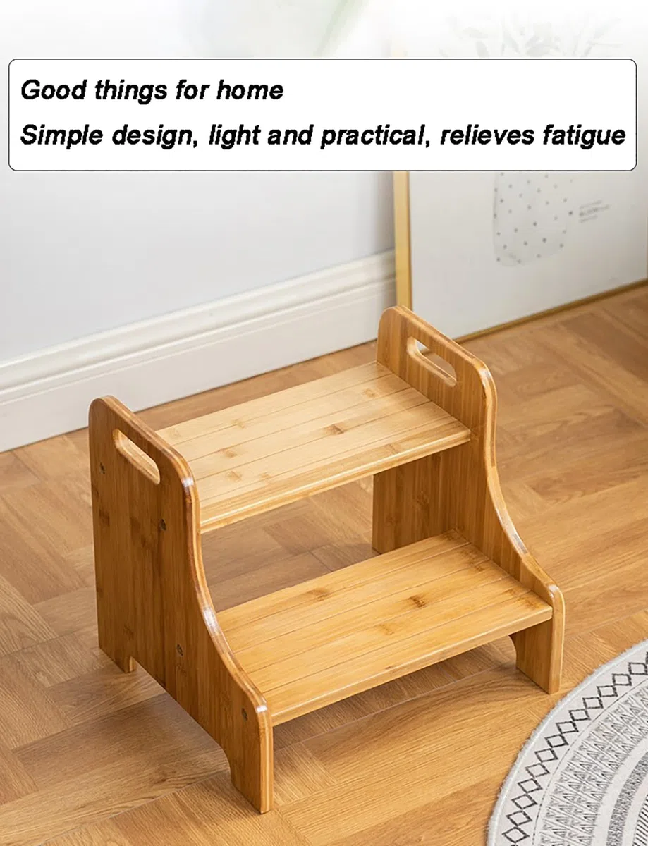 Taburete de madera con dos escalones, almohadillas antideslizantes y asas, doble altura para uso en baño y cocina