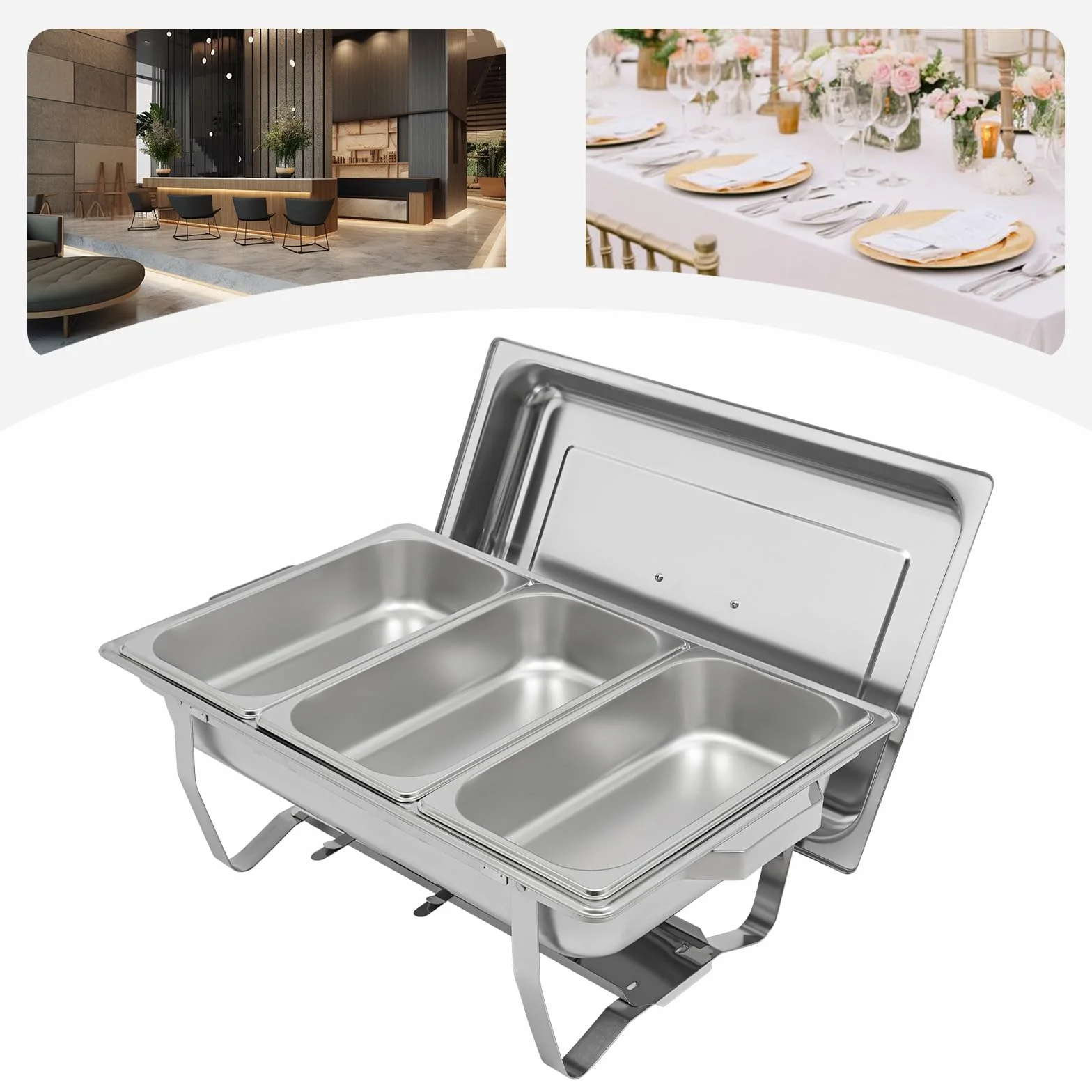 Chafing Dish - Calentador de alimentos de acero inoxidable de 5 litros con tapa, calentador de buffet, accesorio para catering, buffet y fiestas (3 recipientes de 1/3 GN)