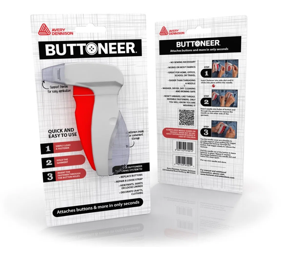 Buttoneer Sistema de cierres de botones, nuevo y mejorado. Fija botones y más en cuestión de segundos. No necesita costura y funciona en la mayoría de tejidos