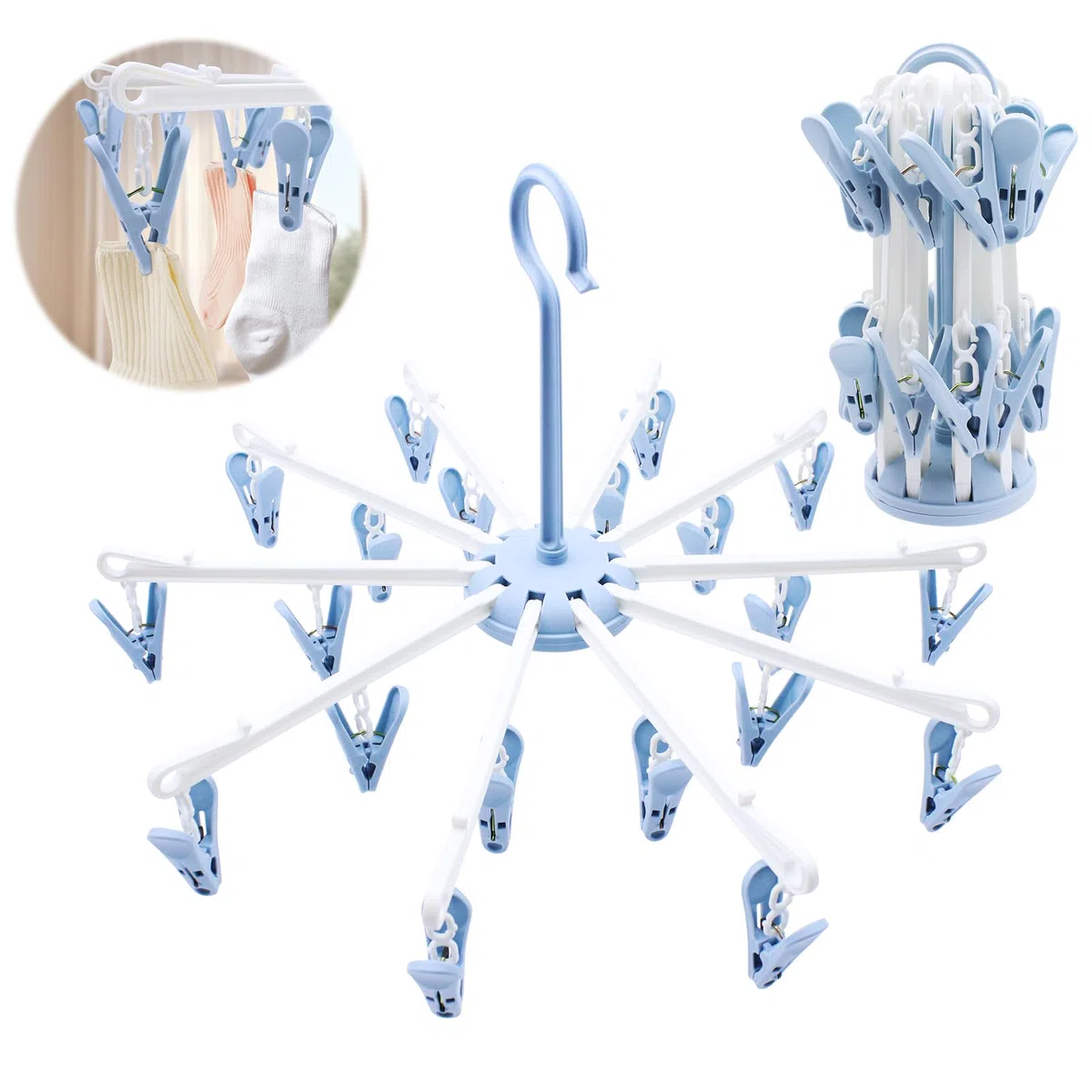 2 Piezas Giratorio Tendedero Calcetines con 40 Clips, Tendederos Plegables, Tenderetes Interior Exterior, Colgador de Plastico para Calcetines, Ropa Interior, Ropa de Bebé