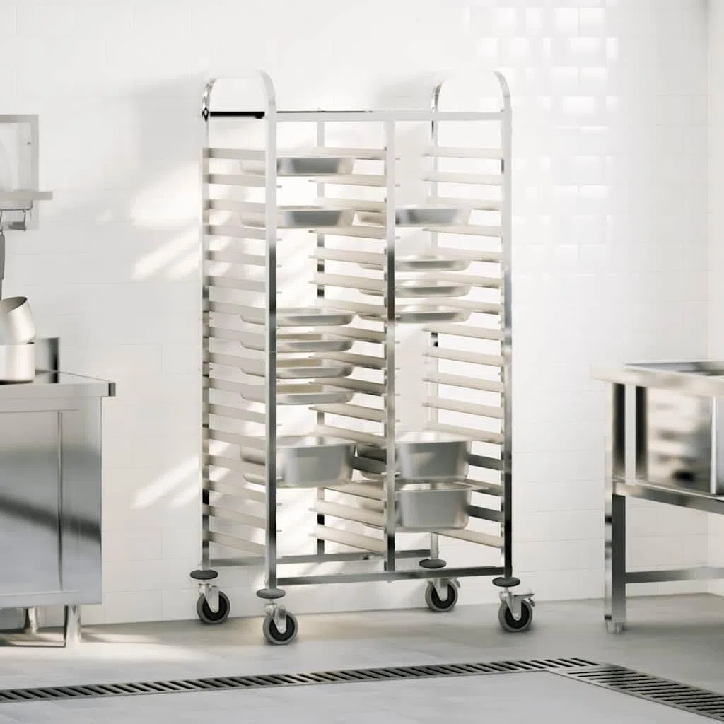 Carro de bandeja de acero inoxidable 75 x 55 x 162,5 cm con 32 contenedores GN 1/1, enrollable con 4 ruedas giratorias, ahorra espacio para cocina y gastronomía, estante estable y organizador