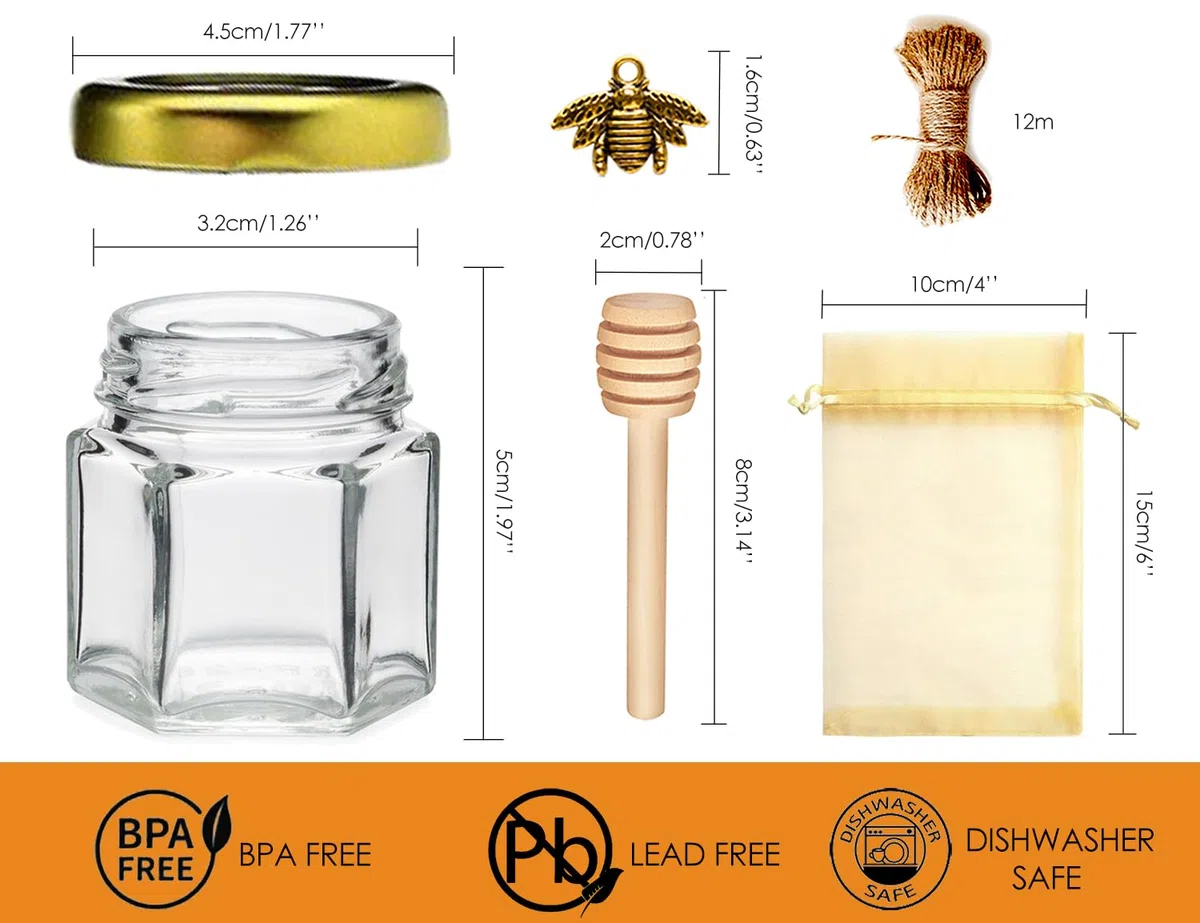 Paquete de 20 mini tarros de miel hexagonales de 1,5 oz con cucharones de madera, tapas doradas, colgantes de abeja, yute, bolsas de regalo doradas, perfecto para baby shower, recuerdos de boda