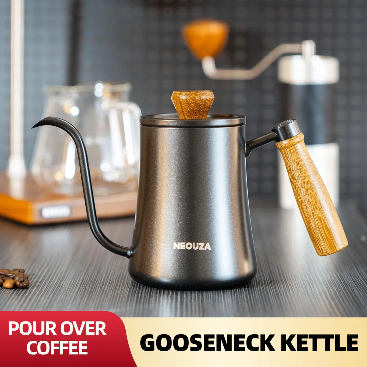 NEOUZA Pour Over Coffee - Hervidor de cuello de ganso, 600 ml, con termómetro de alta precisión, acero inoxidable 304, mango ergonómico de madera, opciones de calefacción versátiles, fácil de limpiar