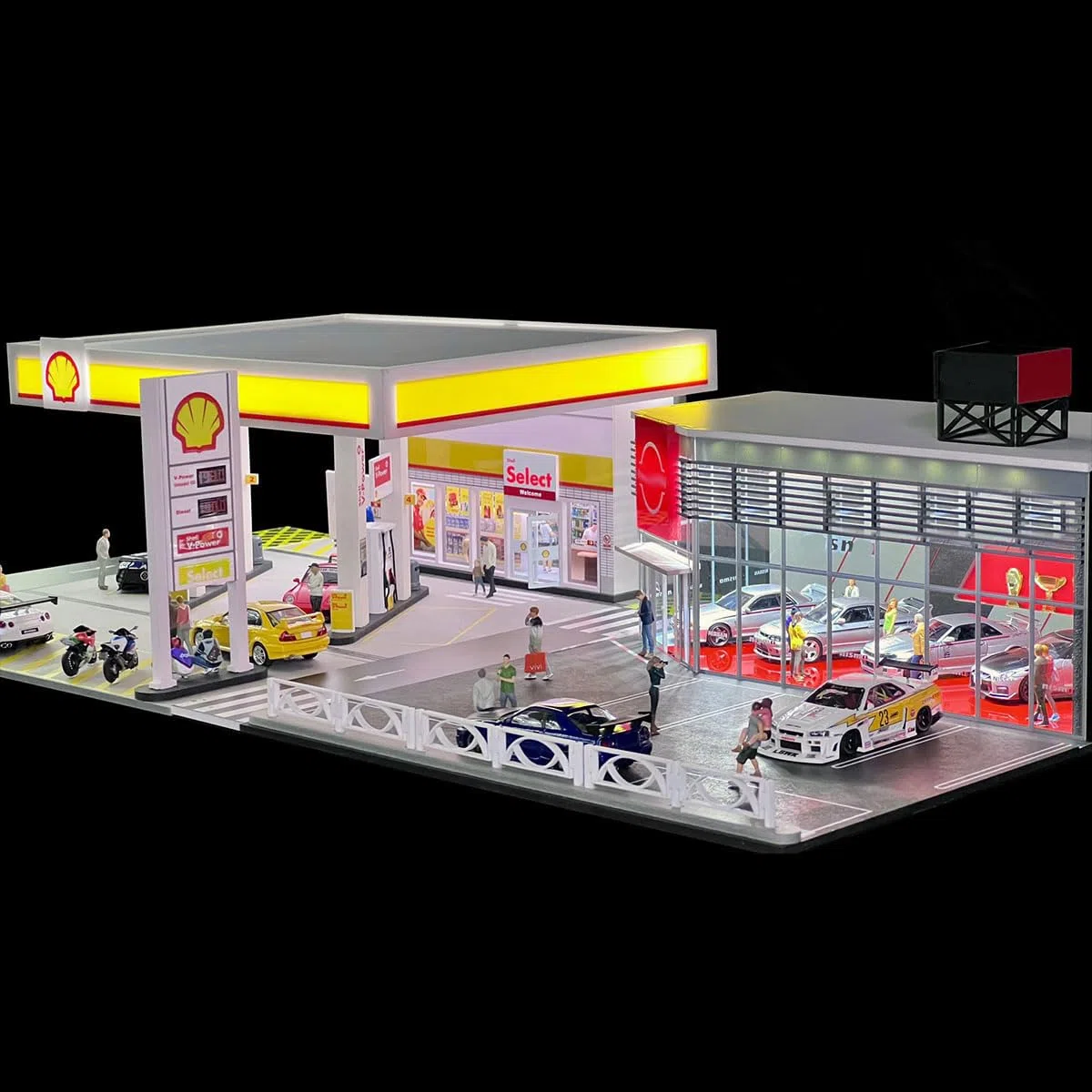 Shell Gasolineras Modelo Shell Gas Station 1:64 Diorama con coche y figura, Escena detallada en miniatura para coleccionistas