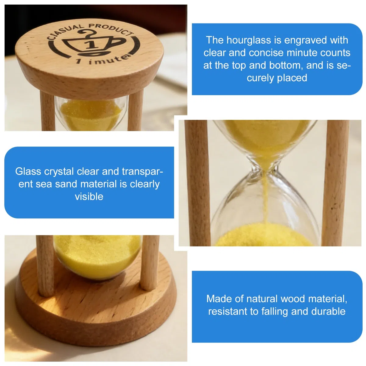 Juego de 6 temporizadores de reloj de arena, relojes de arena de 30 s/1/2/3/5/10 minutos, reloj de arena de madera pequeño para el aula, temporizador y decoración de mesa para niños, cepillarse los