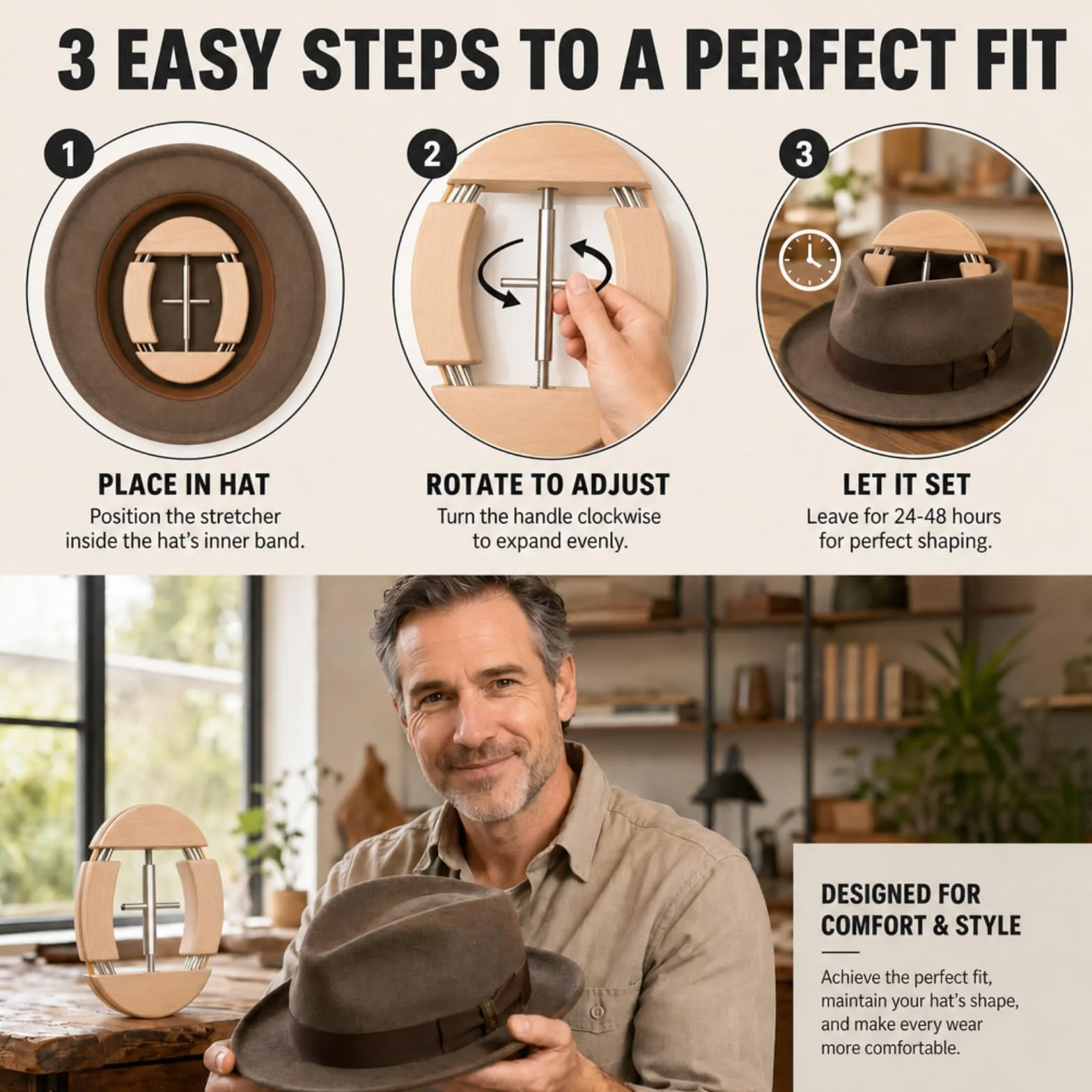 Tensor de sombrero, tensor de sombreros de madera de cuatro lados, soporte para sombreros de madera natural, sombrero de fedor de vaquero, ajustable en anchura al sombrero, adecuado para gorras