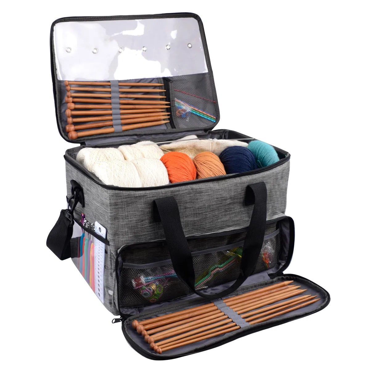 igadgitz home U7254 Bolsa de Tejer, Knitting Bag, Bolsa para Crochet, Bolsa de Labores, Organizador Ovillos de Lana con Correa para el Hombro 124 cm - Gris