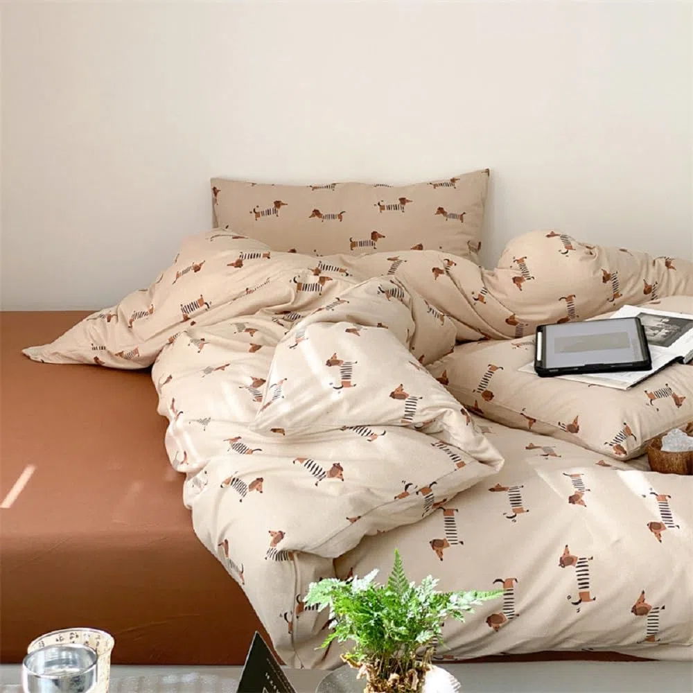 Lanqinglv Ropa y cama de 220 x 240 cm para niña, perro salchicha, marrón claro, marrón, ropa de cama infantil de microfibra, juego con certificado Öko-Tex, funda nórdica