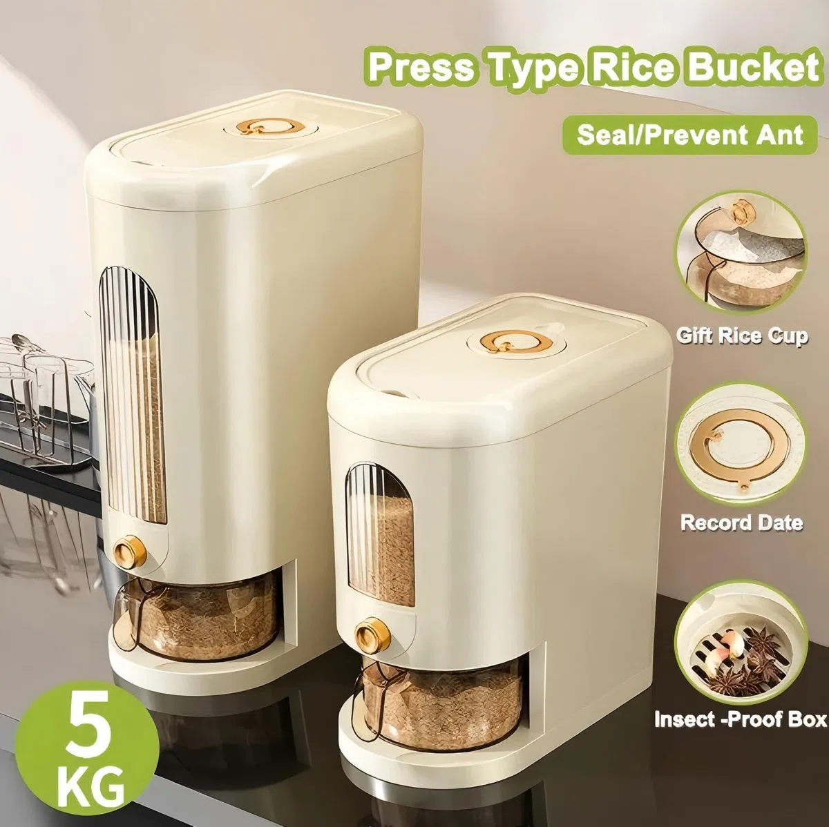 Contenedor de arroz de 11 kg, recipientes herméticos con vaso medidor integrado en caja fresca, dispensador de arroz para arroz, soja, cereales, maíz, 6. 9 x 12 x 11 (blanco crema)