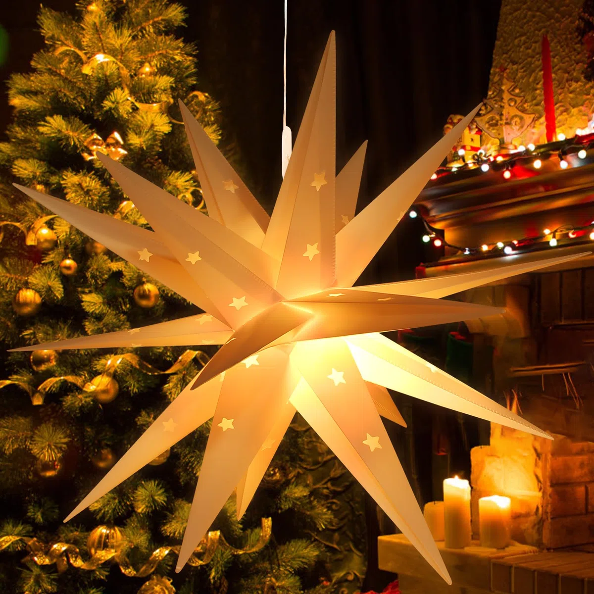 KATELUO Estrella Luminosa 3D Estrella Plegable, 45cm Estrella Iluminada con Función de Temporizado, Estrella de Arbol de Navidad, Estrella Navideña 3D para Decorar árboles de Navidad Fiesta Balcones