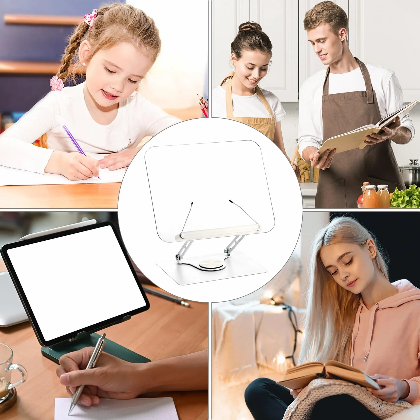 QWORK® Soporte para libros soporte de lectura giratorio 360° y plegable, ángulo y altura ajustable, capacidad de carga aprox. 5 kg, compatible con teléfonos móviles, tabletas y portátiles.
