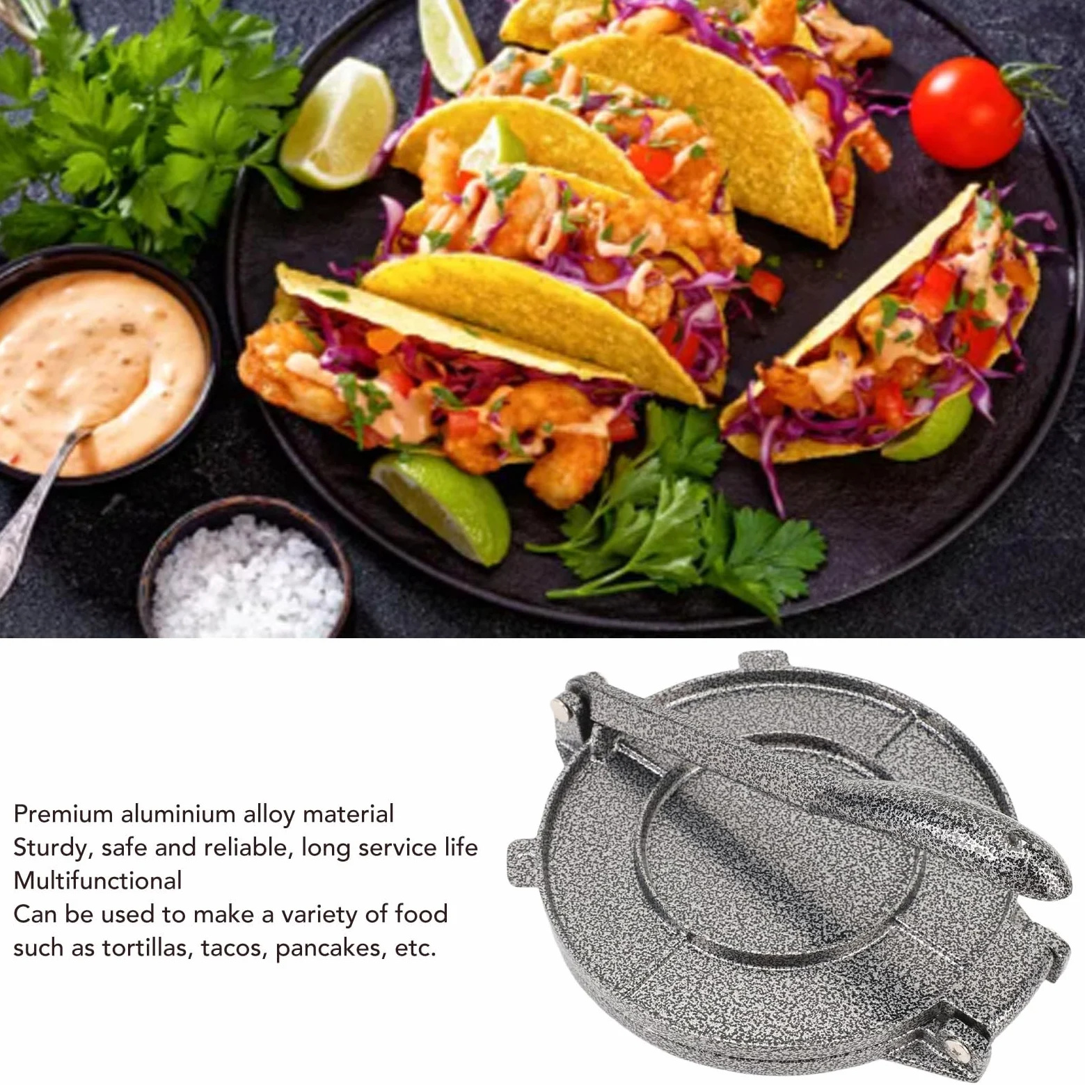 Prensa para Tortillas de 6.3 pulgadas, Hecha de Aleación de Aluminio, Ideal para masa de harina y preparación de tortillas, tacos, roti y empanadas
