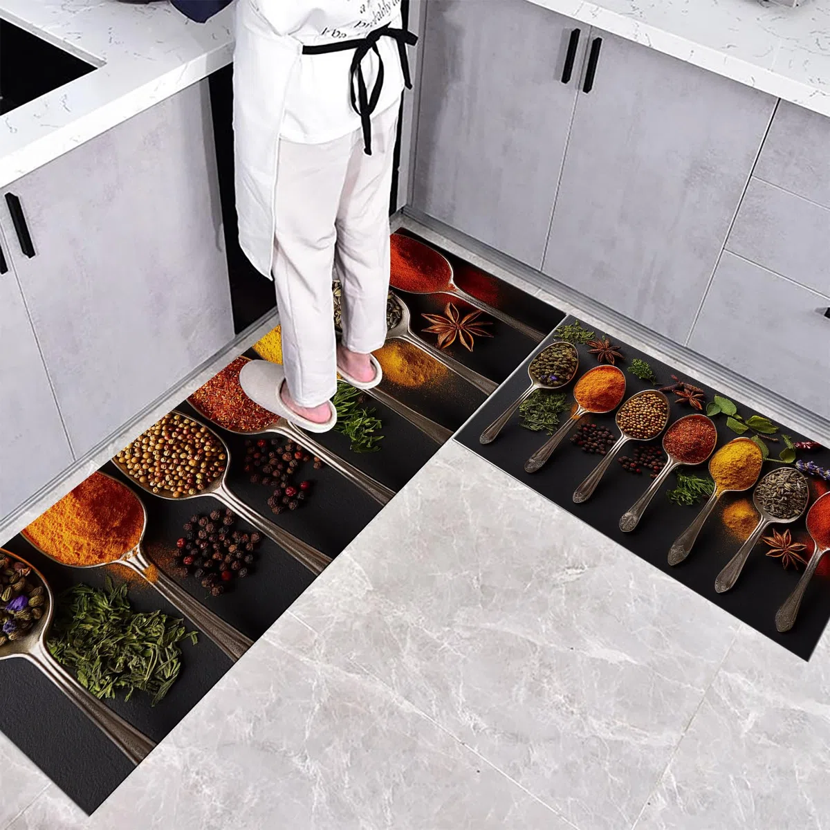 2 Piezas Alfombras Cocina, Ingredientes Y Especias Lavable Antideslizante Alfombrilla Respaldo, Moderno Corredor Alfombrillas Cocina para Pasillo, Comedor Y Entrada 43X75Cm+43X150Cm