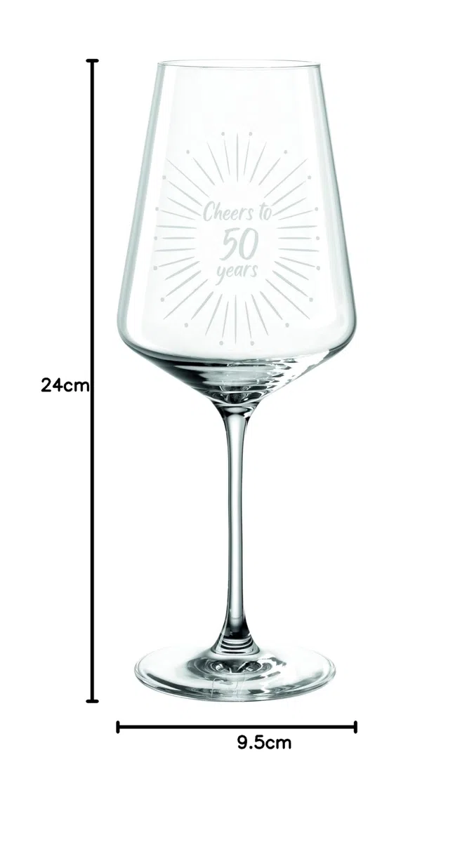 Leonardo Puccini Vaso de vino 560 ml con grabado Cheers to 50 años – Regalo de 50 cumpleaños – Ide regalo para cumpleaños redondos, bodas, aniversarios, para mujeres, hombres (copa de vino 50)