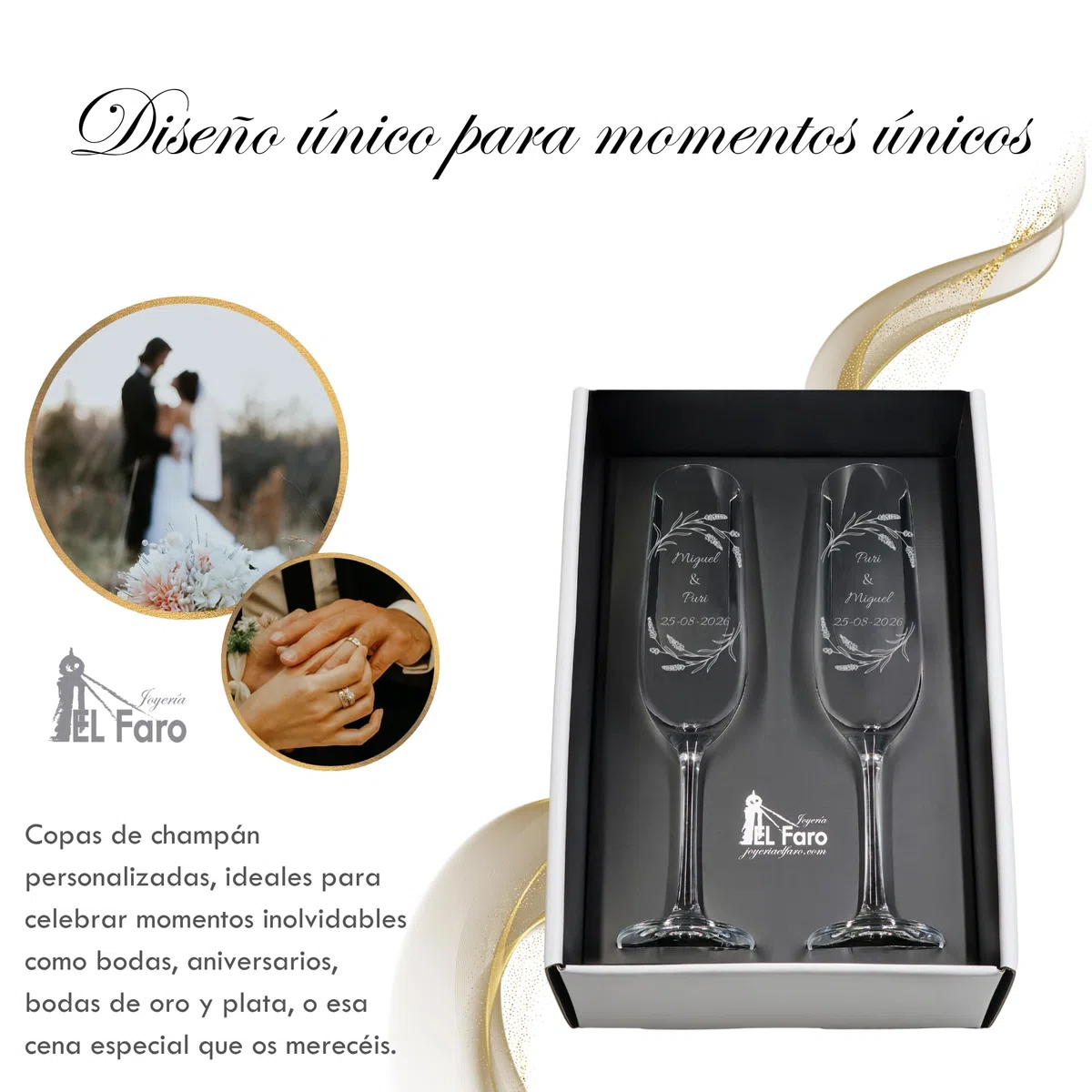 JOYERIA EL FARO | Copas grabadas para novios | Copas personalizadas para bodas | Cristal de Bohemia de alta resistencia | Estuche premium incluido | Brinda y celebra el amor (Ramitas)