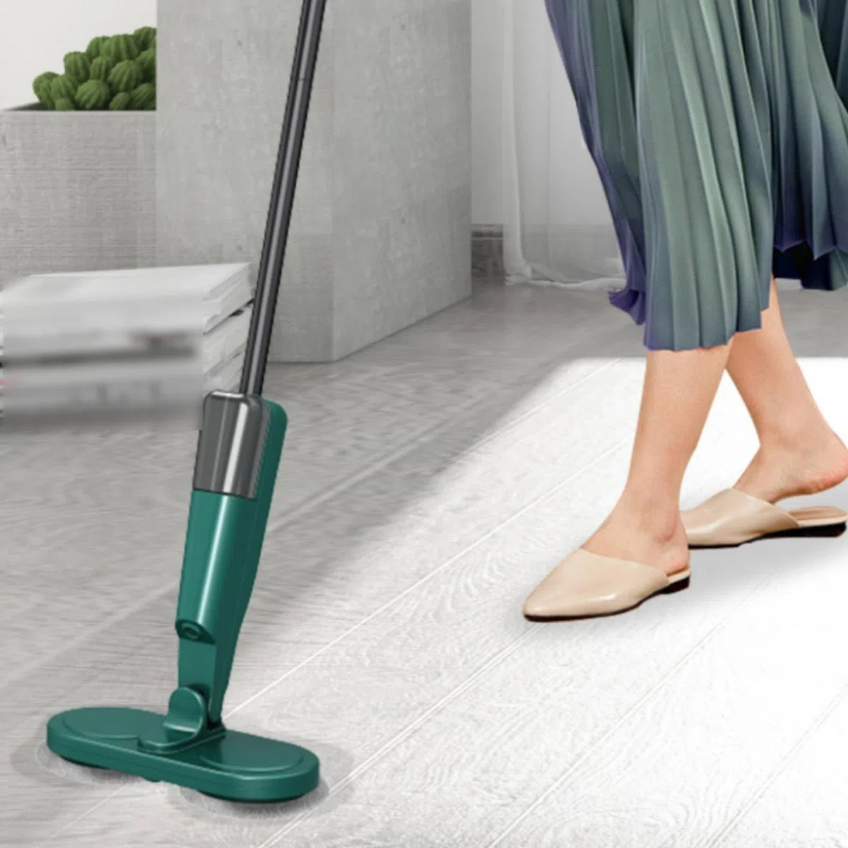 Milageto Mopa Eléctrica para Suelo con Cabezal Giratorio Limpiador Pulverizadora con Rocío de Agua para Polvo y Manchas Leves USB Recargable y sin Cable, Verde