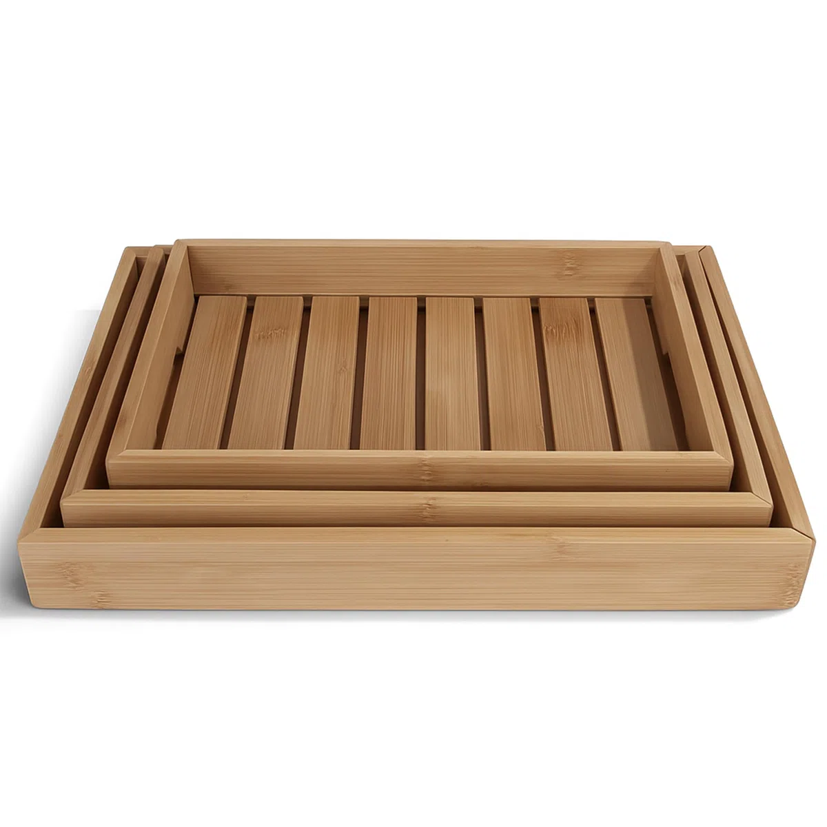 Set de 3 Bandejas de Bambú con Asas Ocultas, Organizadores Multiusos para Cocina, Comedor y Salón, Medidas: 38x26, 35x23, 32x20 cm, 5 cm de Alto,XZ-22115-1