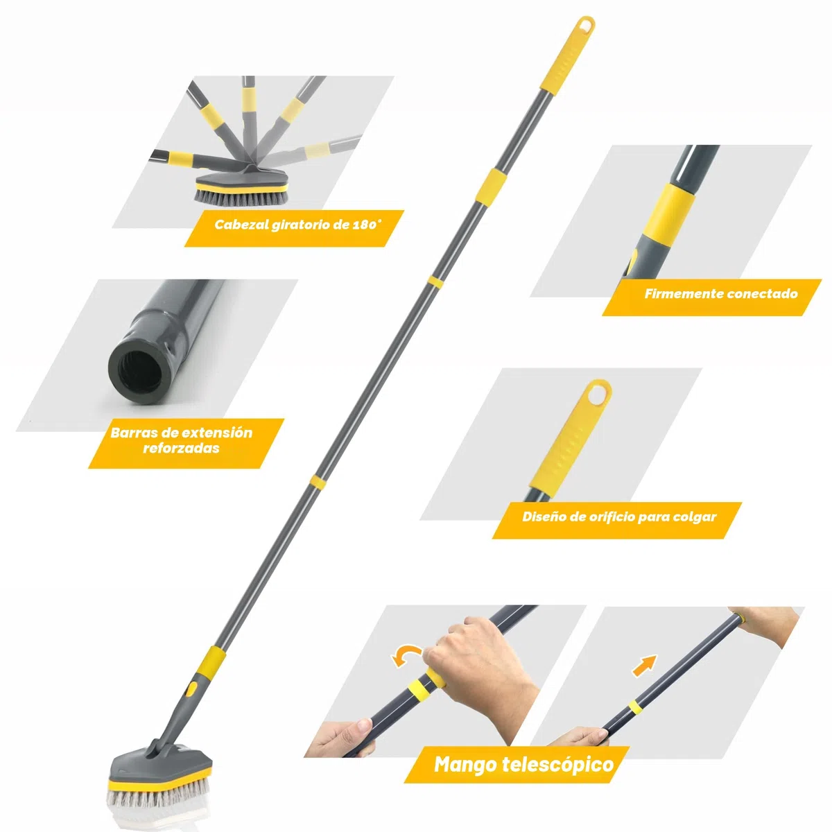 Cepillo Limpieza Ducha con Mango Largo 142CM, Cepillo 3 en 1 Extensible para Azulejos y Paredes. Incluye Estropajo con Mango y Cabezal Intercambiable.