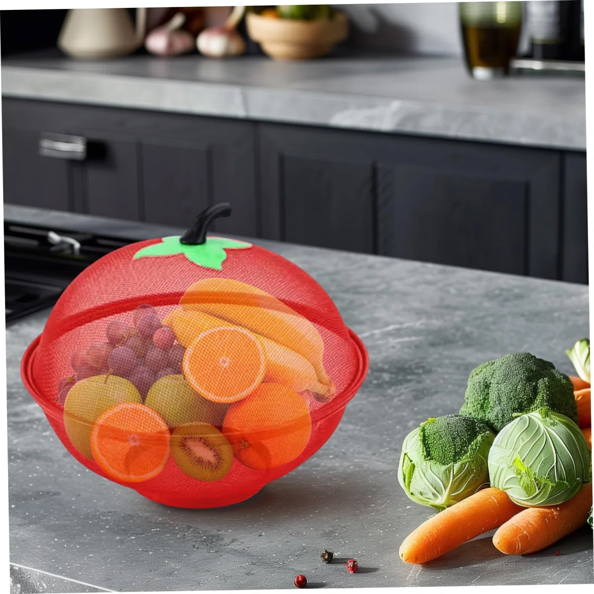 Frutero con tapa de 11.0 in, cesta de frutas de malla de alambre de metal con fondo elevado, elegante cesta funcional para alimentos para cocina, color rojo