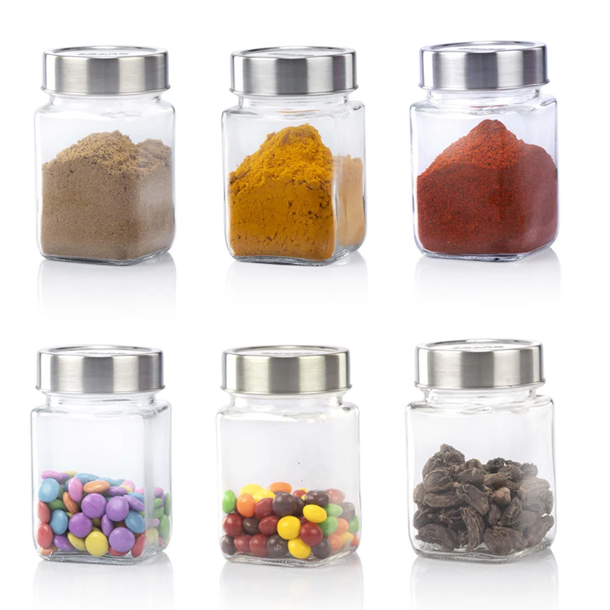 AGARO Elegant Cube Jar 310 ml, forma cuadrada, tapa transparente con acabado de acero, recipiente de cristal de almacenamiento, transparente, organizador de cocina, tarro multiusos, paquete de 6