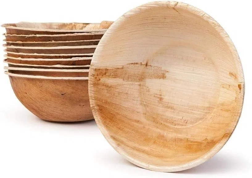 100 cuencos desechables redondos de hoja de palma |Vajilla desechable biodegradable |Tazones de bambú, material palmera de madera, cristalina de bambú desechable, 270 ml