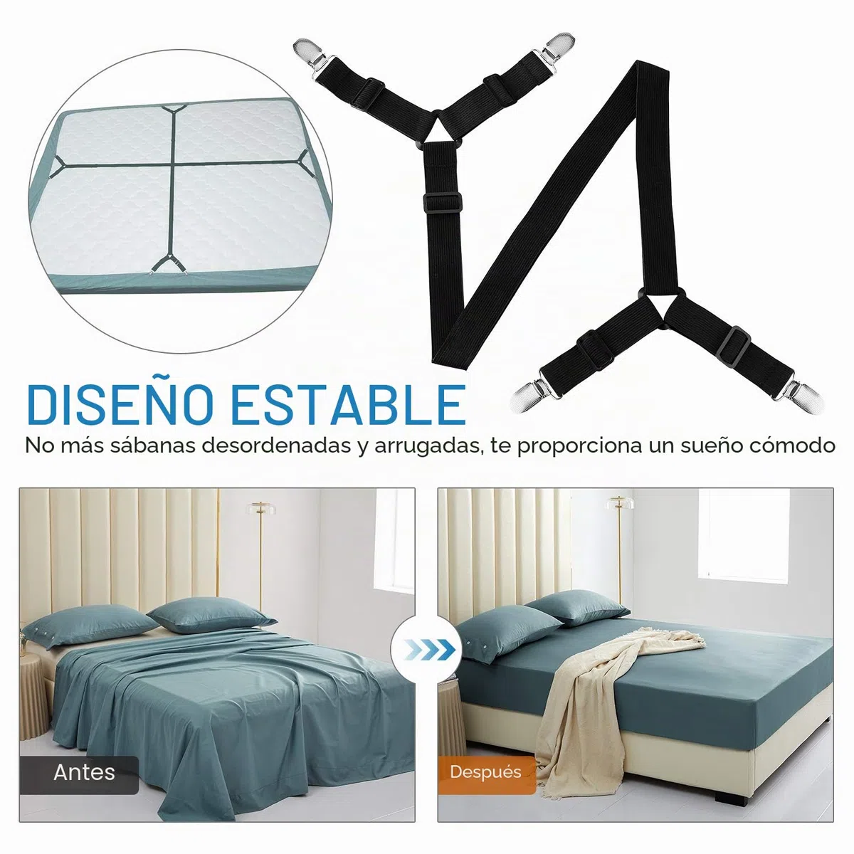 WADEO 2 Soportes Cruzados Ajustables para sábanas de Cama, Sujetadores, Clips de sujeción, Correas de Tirantes, adecuados para Todos los colchones Cuadrados (Paquete de 2, Negro)