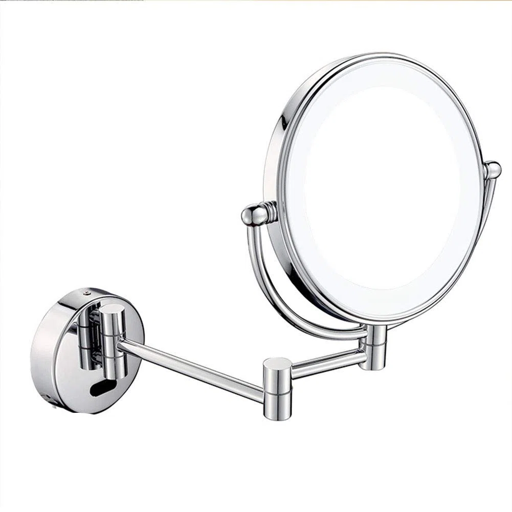 Espejo de Maquillaje, Espejo de maquillaje montado en la pared con aumento, espejo de tocador de baño de dos caras premium de 8 pulgadas con luz LED, giratorio de 360 grados, brazo extensible, redondo