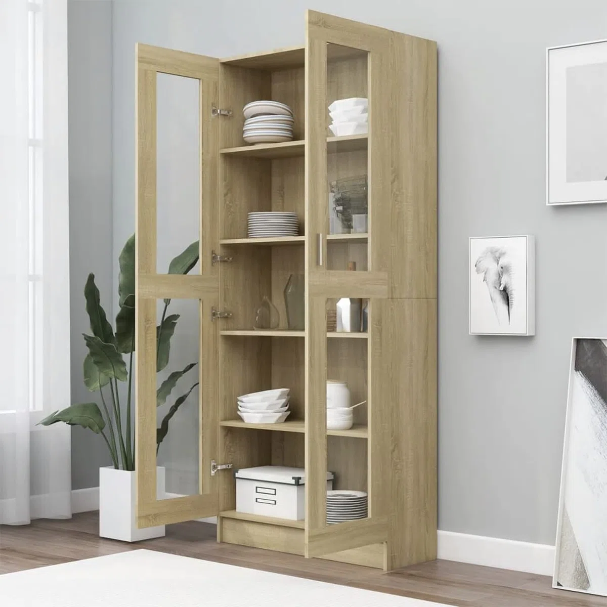 Homgoday Vitrina de Cristal, Vitrina de Salón Aparador,Aparador Cocina, Oficina Archivador, con 5 Estantes 2 Puertas de Vidrio 82,5x30,5x185,5 cm Roble Sonoma