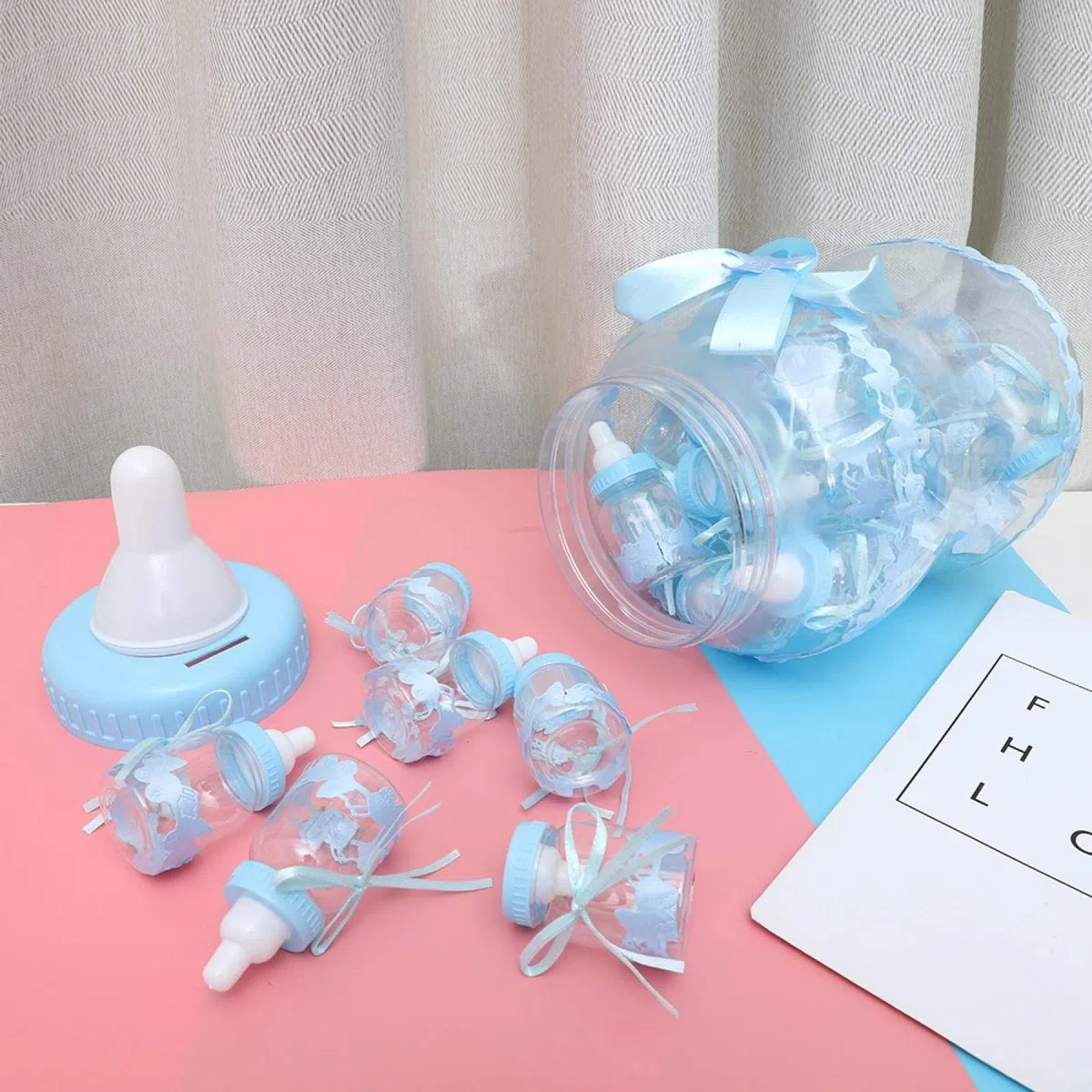 Botella de Caramelo, Adorable Botella de bebé con Lazo Decorativo, Mini Botellas rellenables de plástico Transparente, Pack de 30 Unidades, Ideal para Baby Showers y Fiestas de cumpleaños