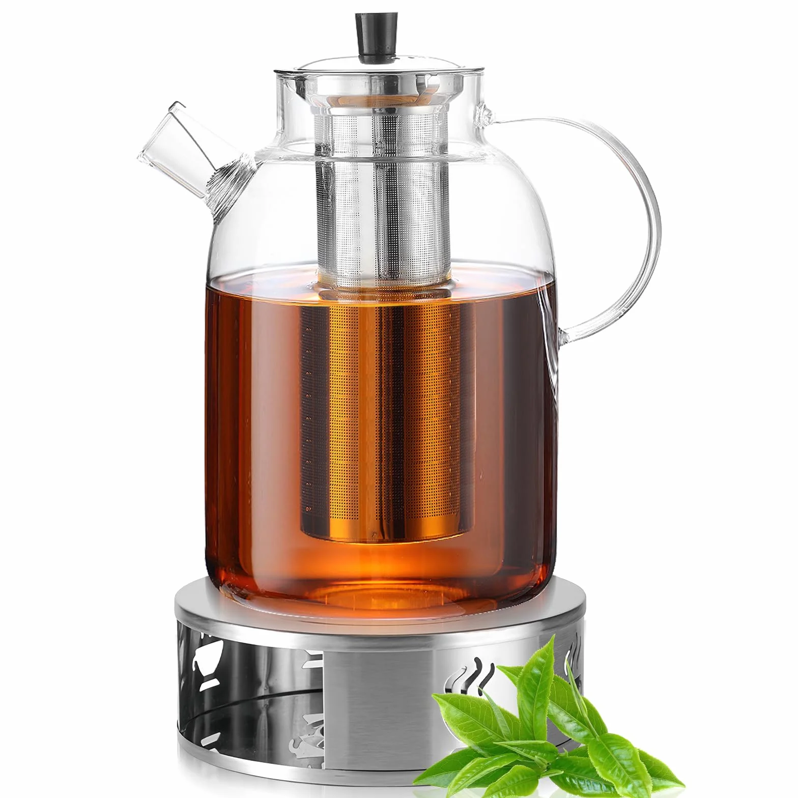 Tetera de vidrio con calentador, 1,8 L, tetera de vidrio con colador, infusor de té con colador y calentador, mantiene el calor durante mucho tiempo, acero inoxidable, para
